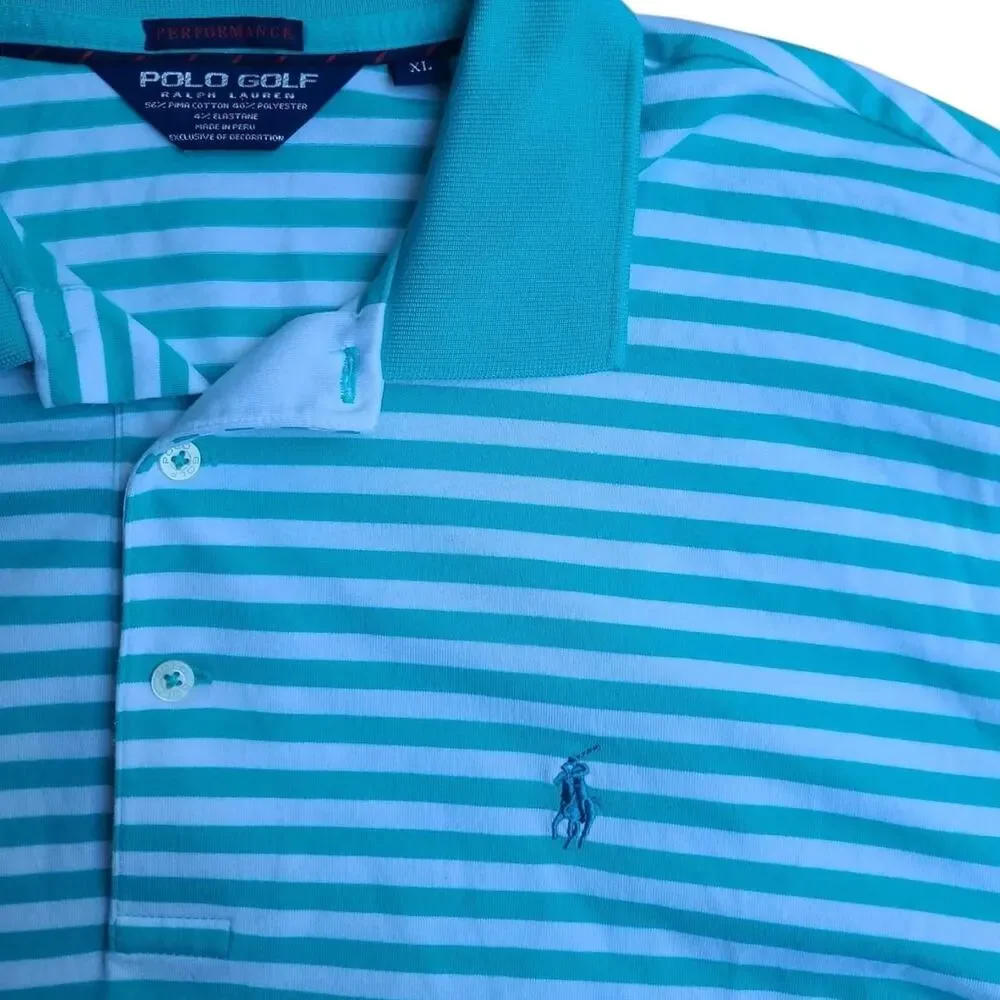 Polo Golf Raulph Lauren Performance Polo Shirt Agua White Striped Men's XL